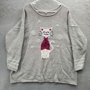 Woman Within Cat Sweater Women's Plus Size 1X Pullover Knit Gray